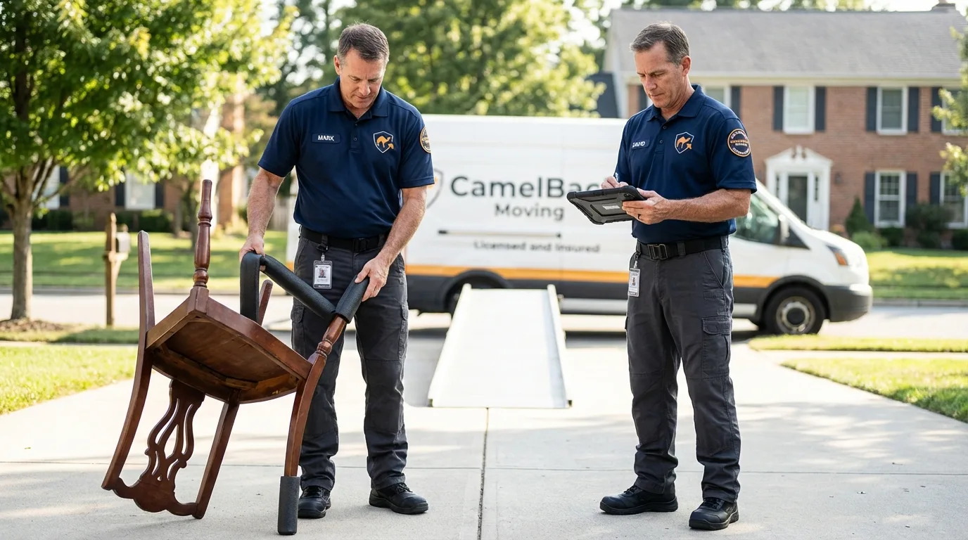 Movers inspecting furniture for damage prevention before loading in Leesville, SC
