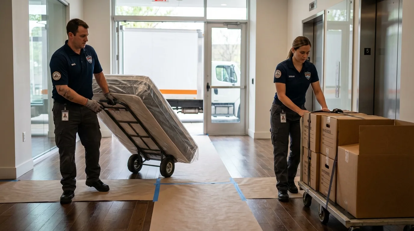 Professional apartment movers loading elevator in Leesville, SC